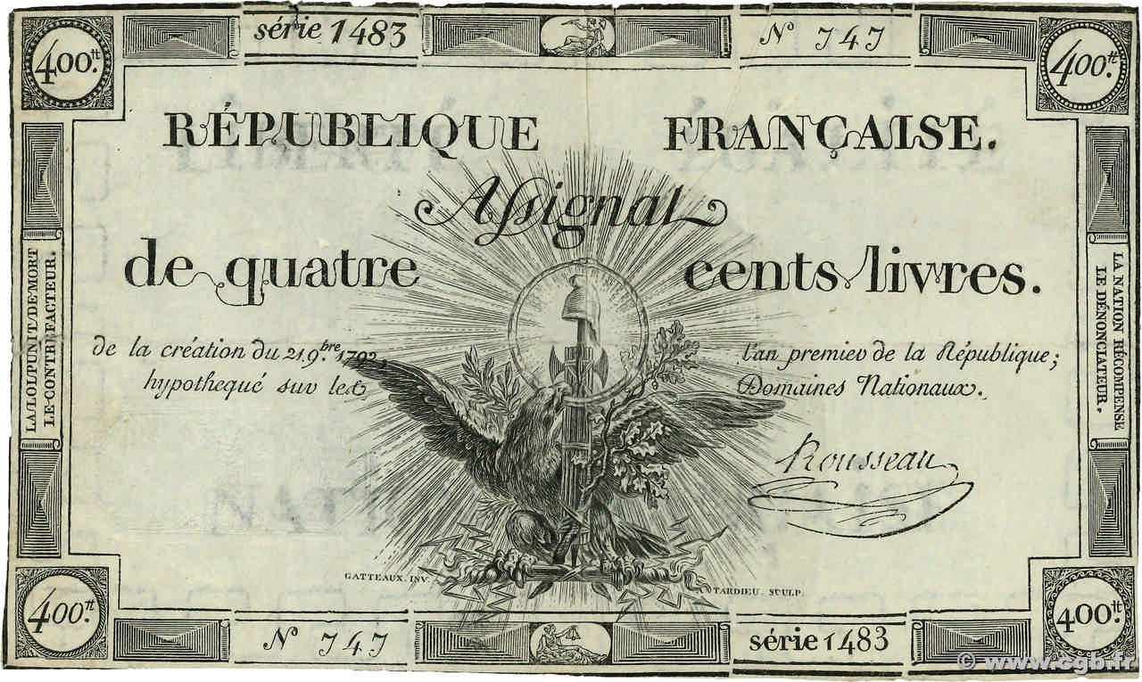 400 Livres FRANCE  1792 Ass.38a TB+