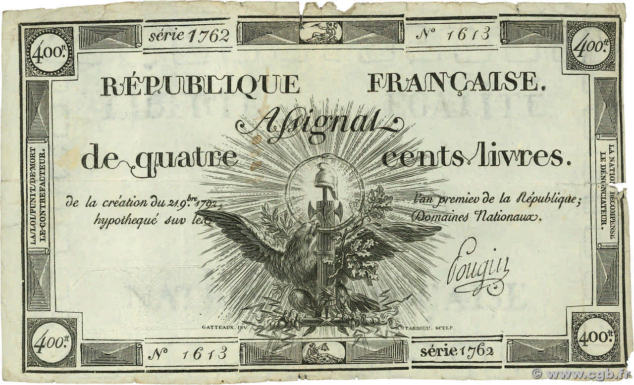 400 Livres FRANCE  1792 Ass.38a TB+