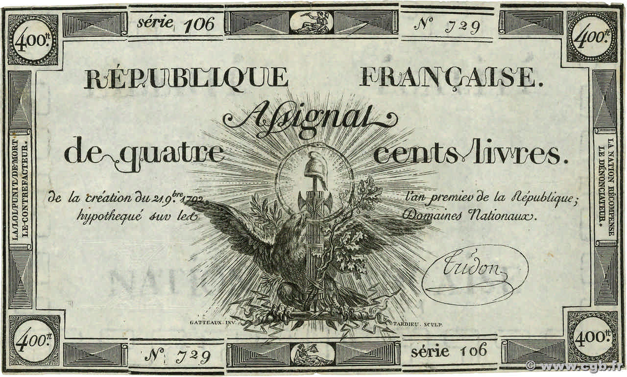 400 Livres FRANKREICH  1792 Ass.38a SS