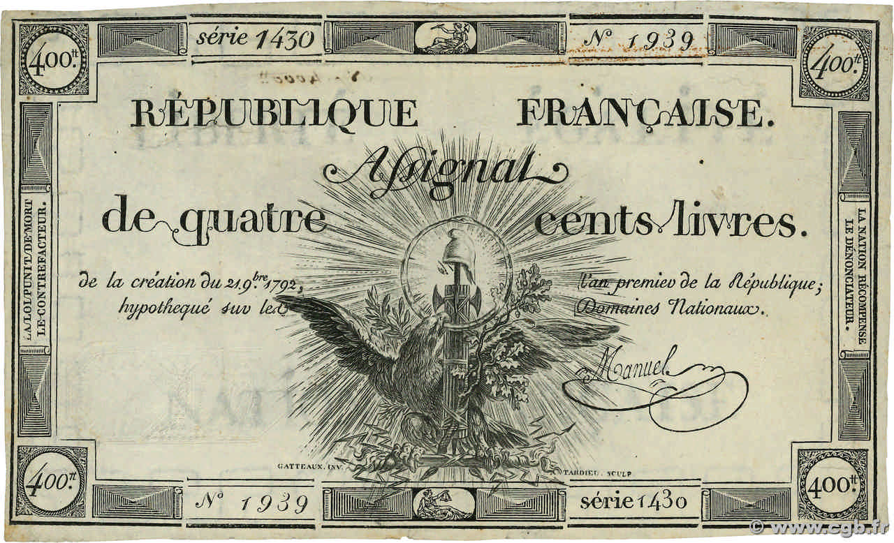 400 Livres FRANKREICH  1792 Ass.38a SS