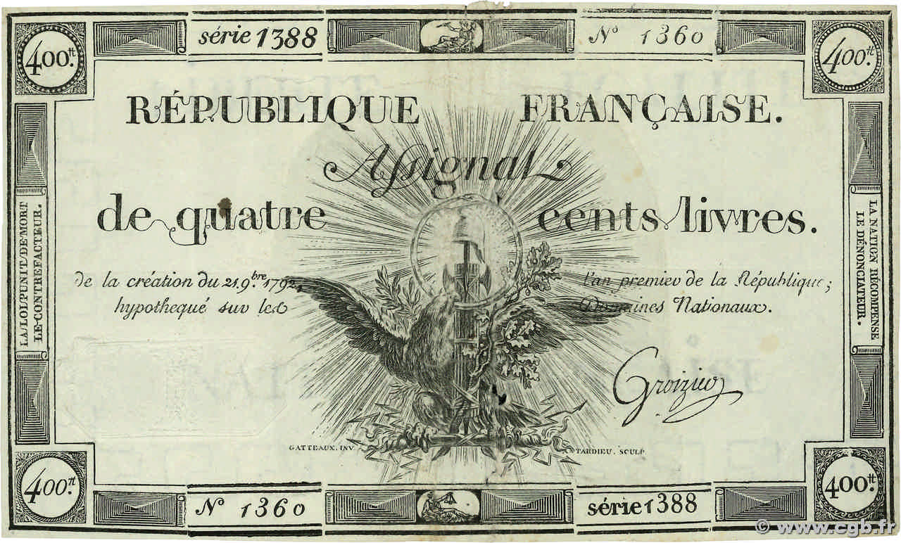 400 Livres FRANCE  1792 Ass.38a TB