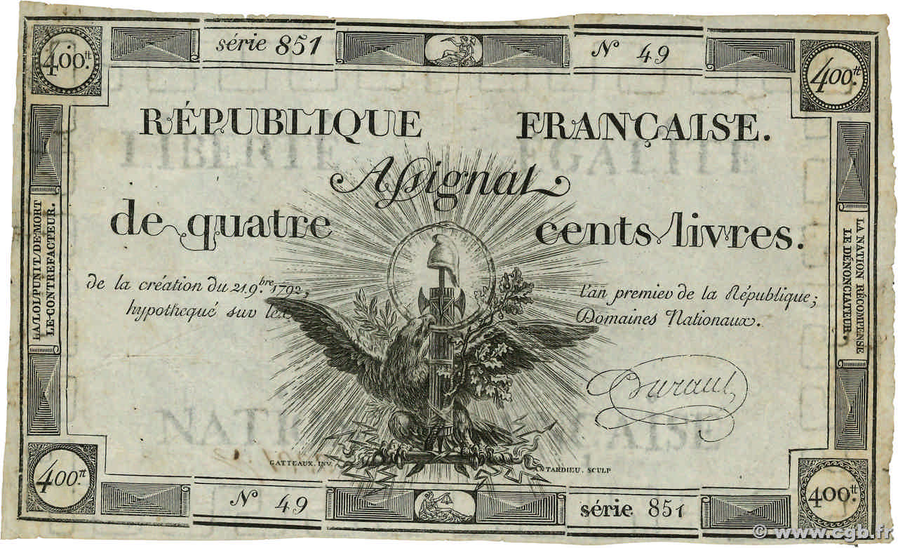400 Livres FRANCE  1792 Ass.38a TB+