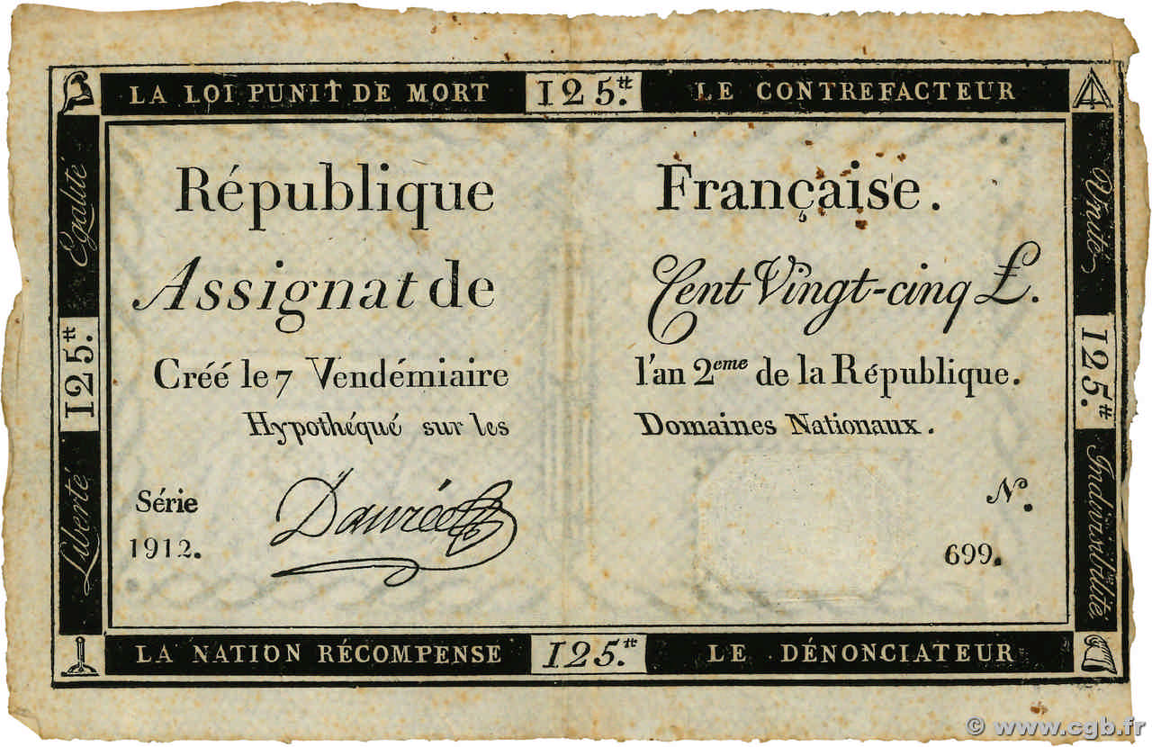 125 Livres FRANCE  1793 Ass.44a pr.TTB