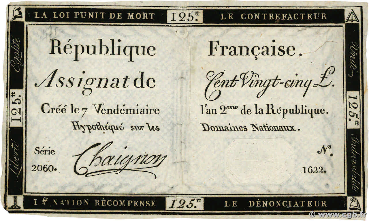 125 Livres FRANKREICH  1793 Ass.44a SS