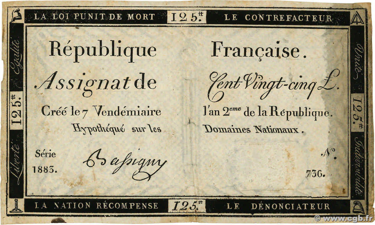 125 Livres FRANCE  1793 Ass.44a F+