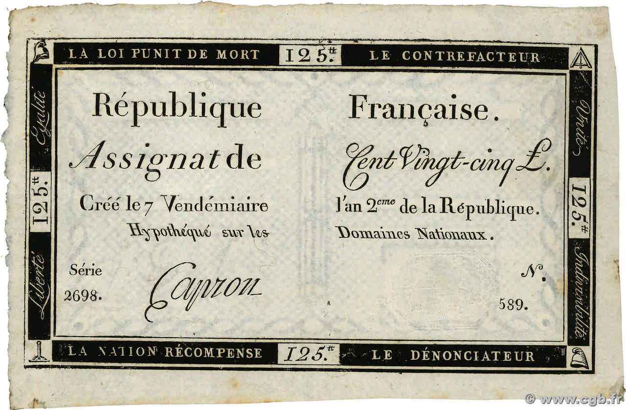 125 Livres FRANCE  1793 Ass.44a SUP