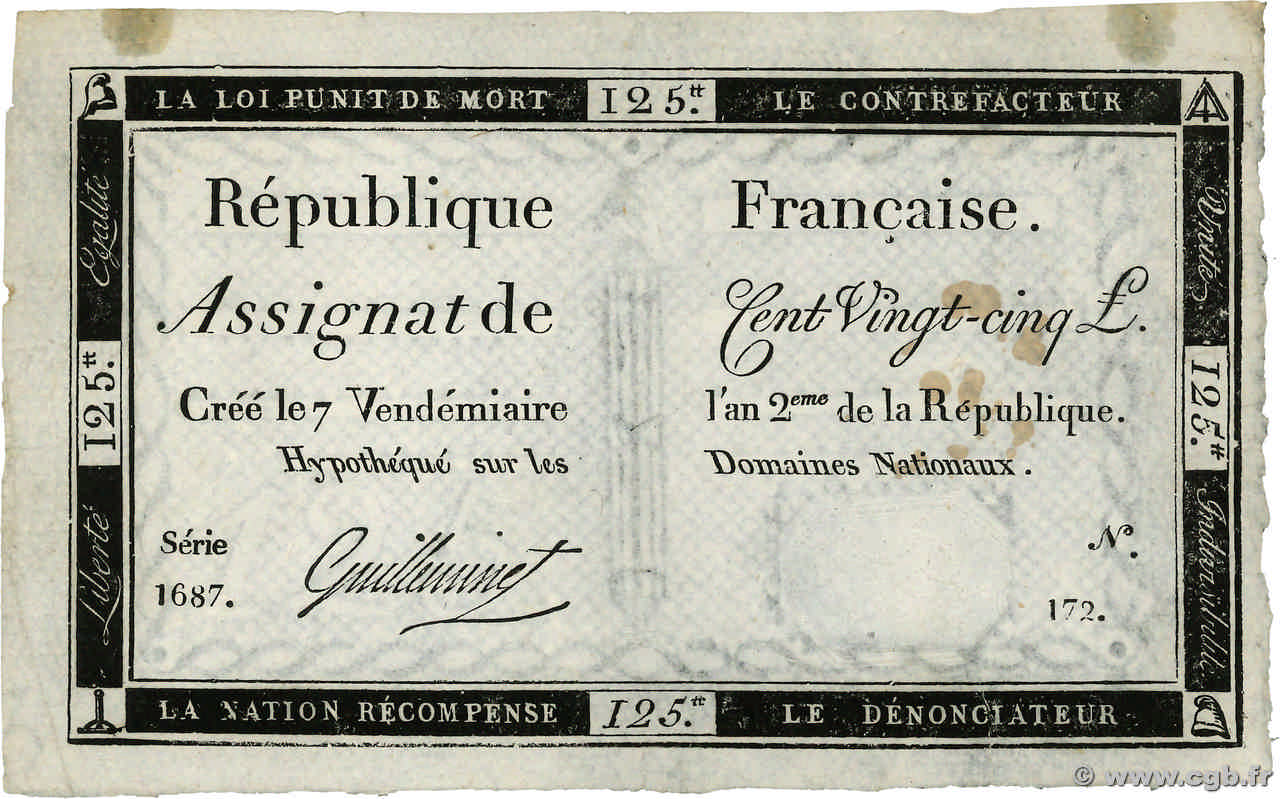 125 Livres FRANCE  1793 Ass.44a TTB+