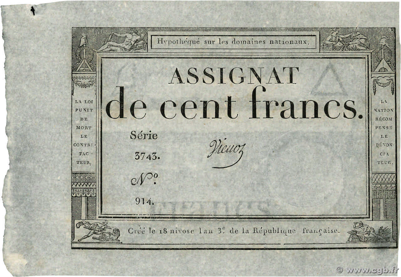 100 Francs FRANCE  1795 Ass.48a XF+