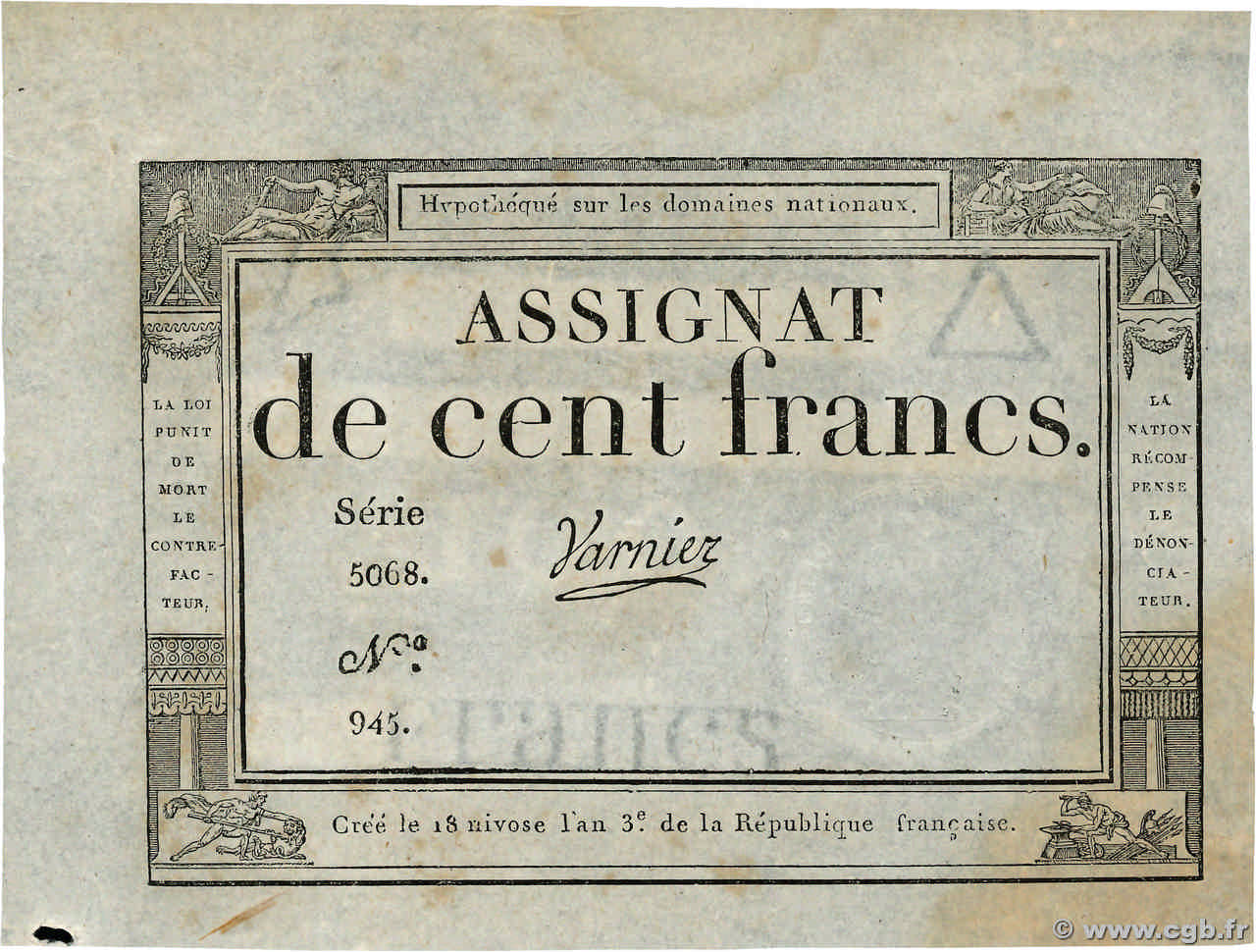 100 Francs FRANCE  1795 Ass.48a XF+