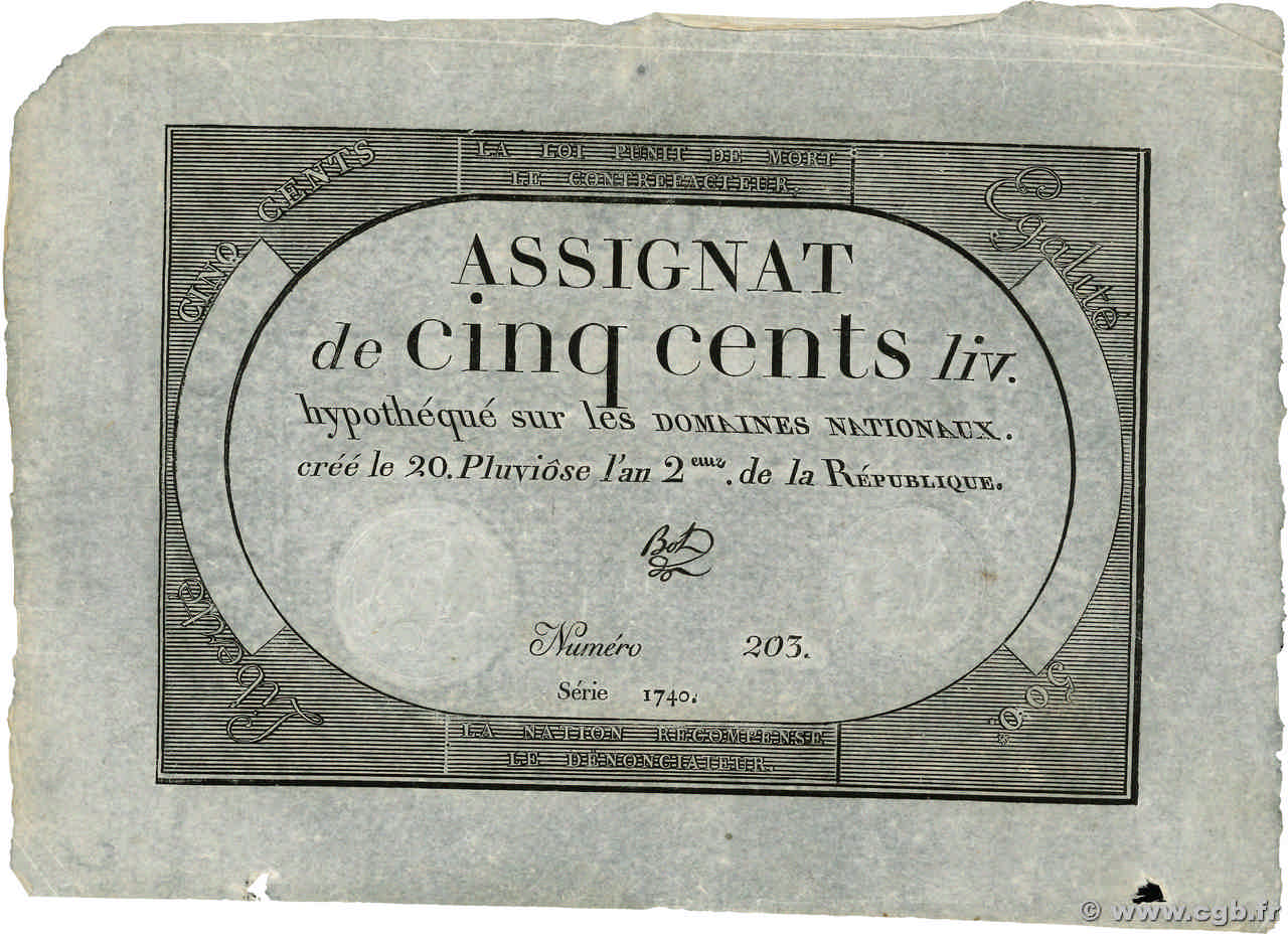 500 Livres  FRANCE  1794 Ass.47a XF+