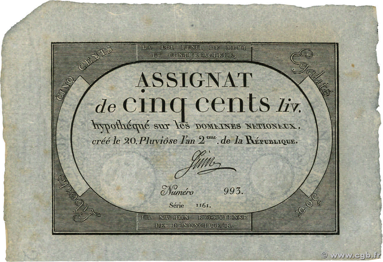 500 Livres  FRANKREICH  1794 Ass.47a VZ