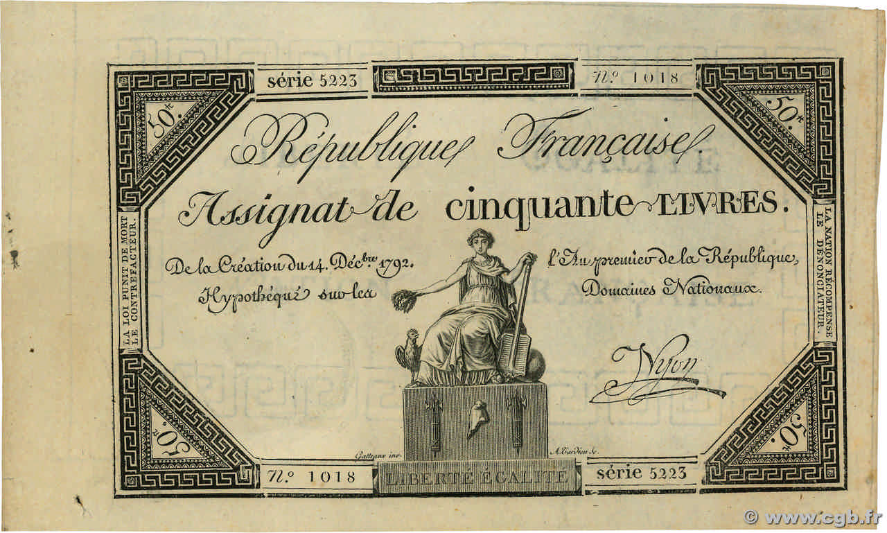 50 Livres FRANKREICH  1792 Ass.39a fST