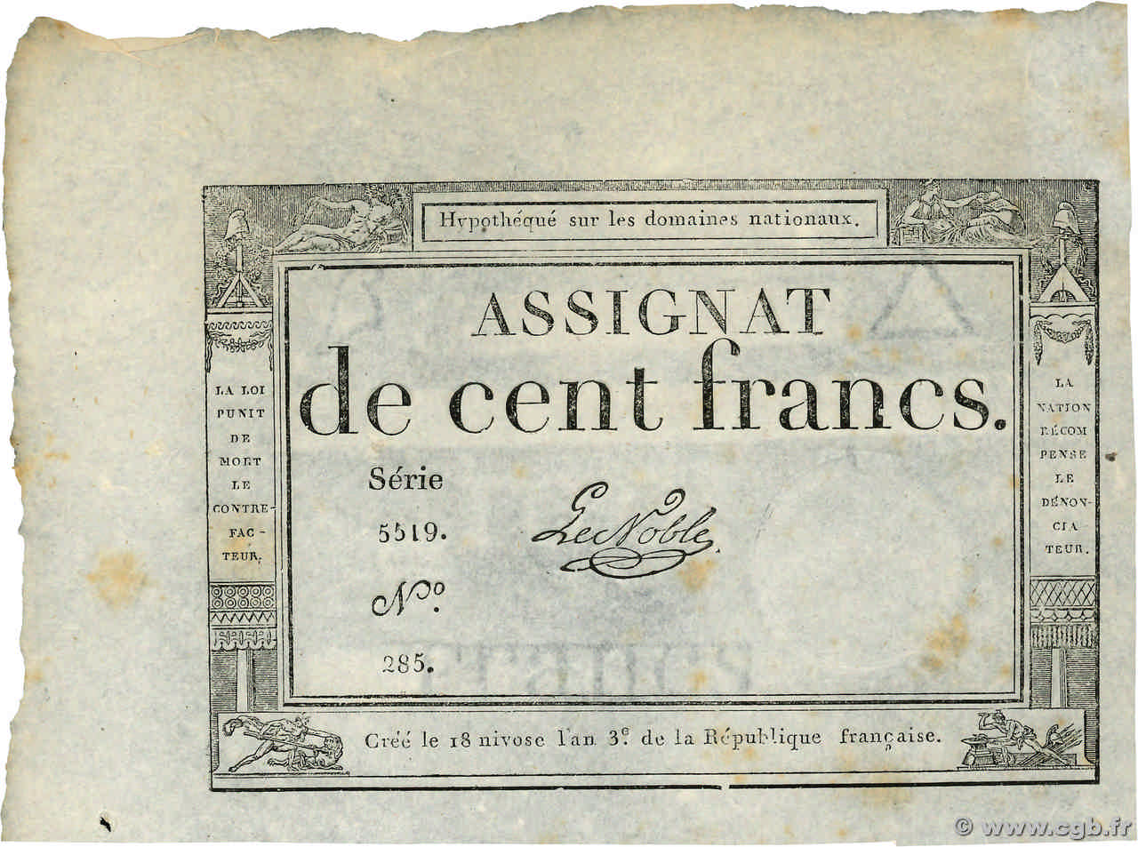 100 Francs FRANCE  1795 Ass.48a AU+