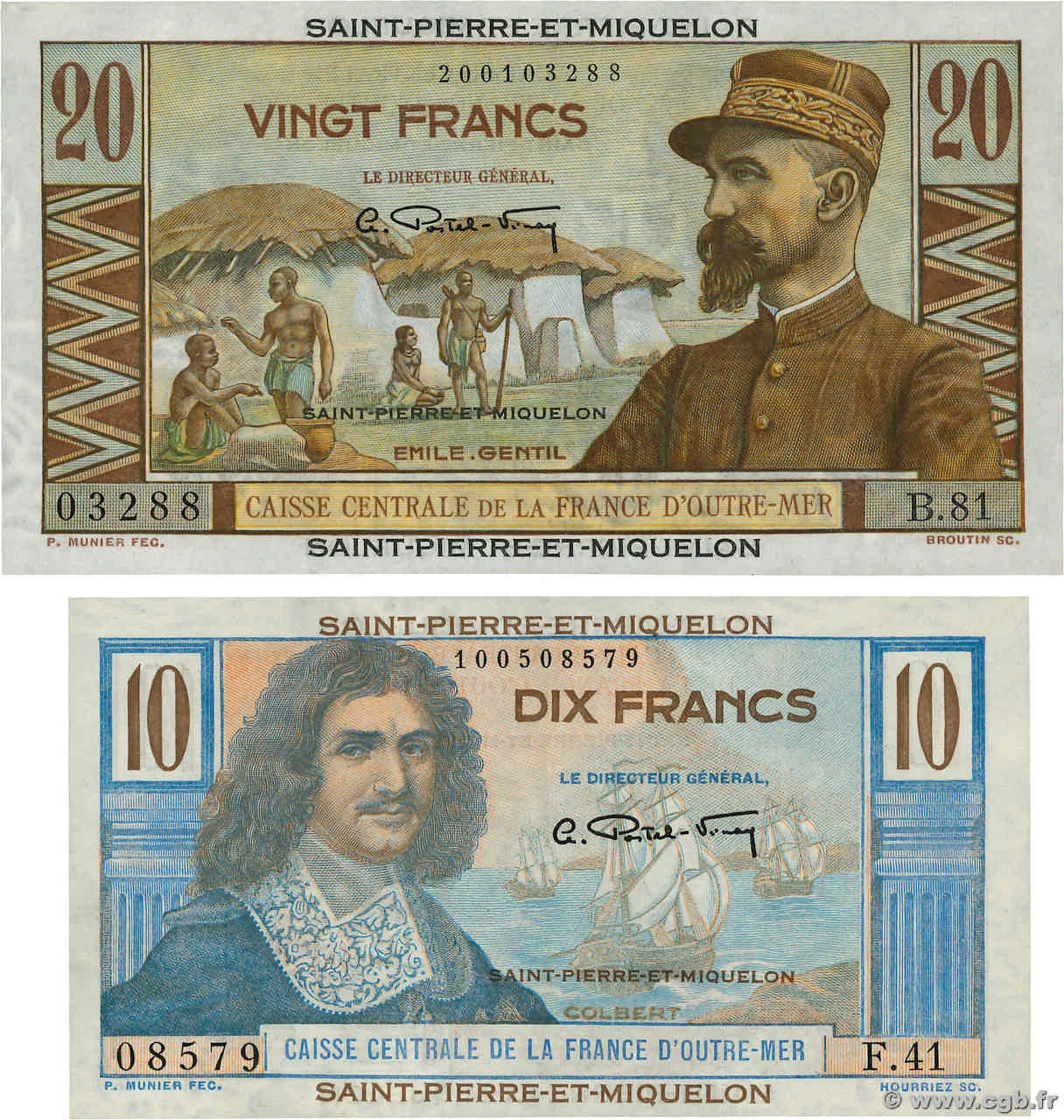 10 Francs Colbert et 20 Francs Émile Gentil Lot SAN PEDRO Y MIGUELóN  1946 P.23 et P.24 MBC a EBC