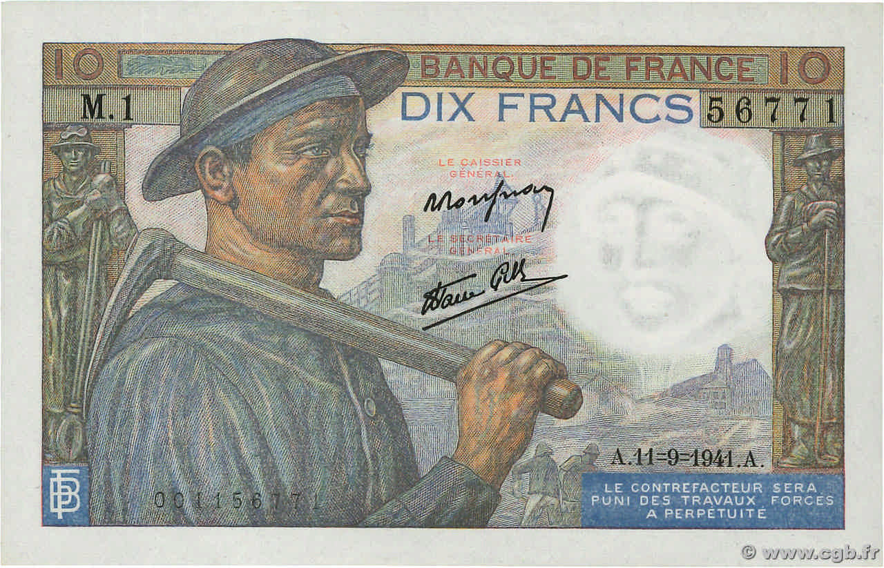 10 Francs MINEUR FRANCE  1941 F.08.01 AU