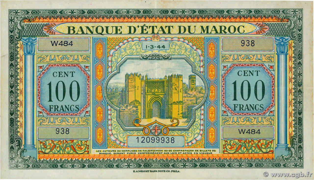 100 Francs MOROCCO  1944 P.27a VF