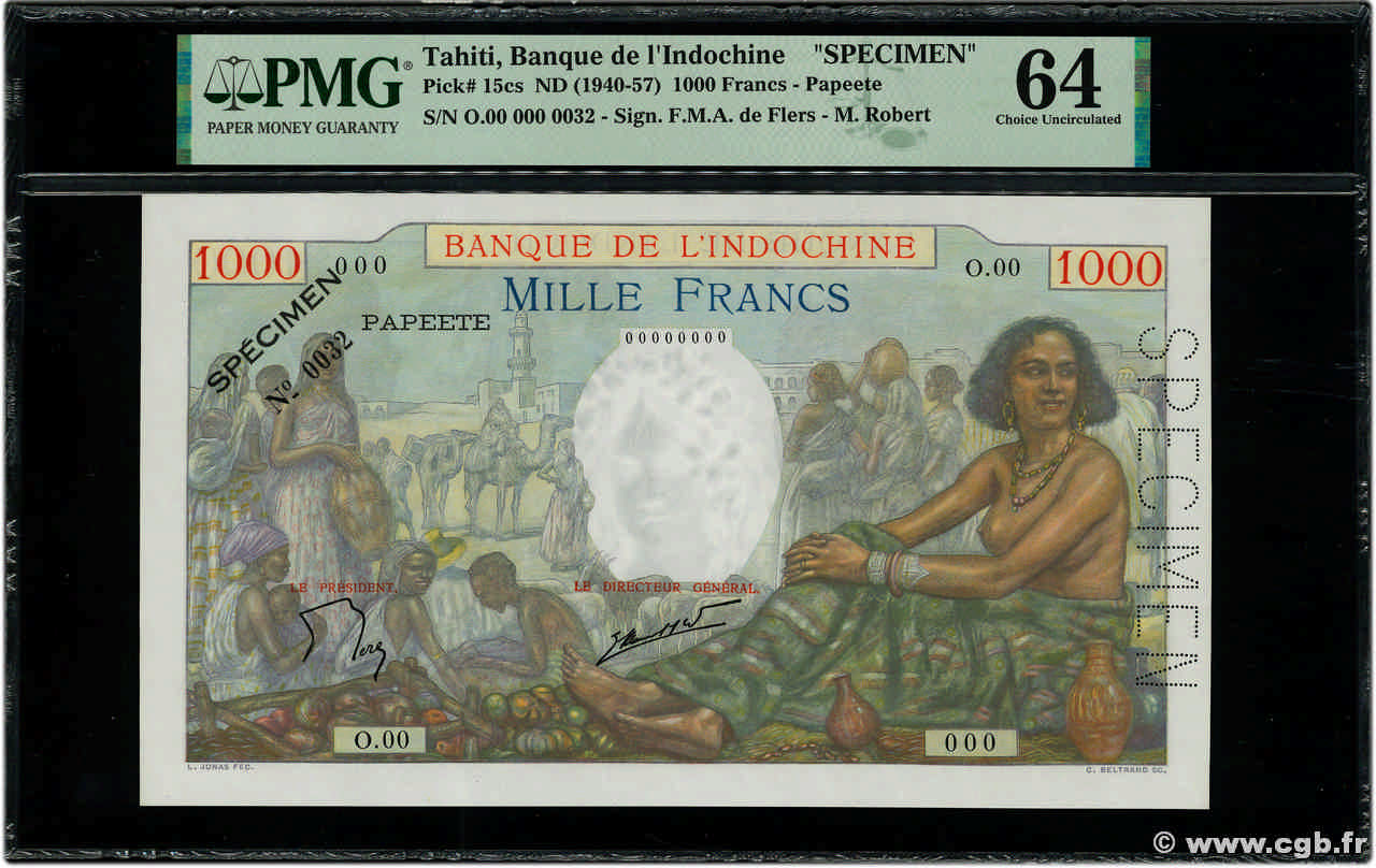 1000 Francs Spécimen TAHITI  1940 P.15cs pr.NEUF