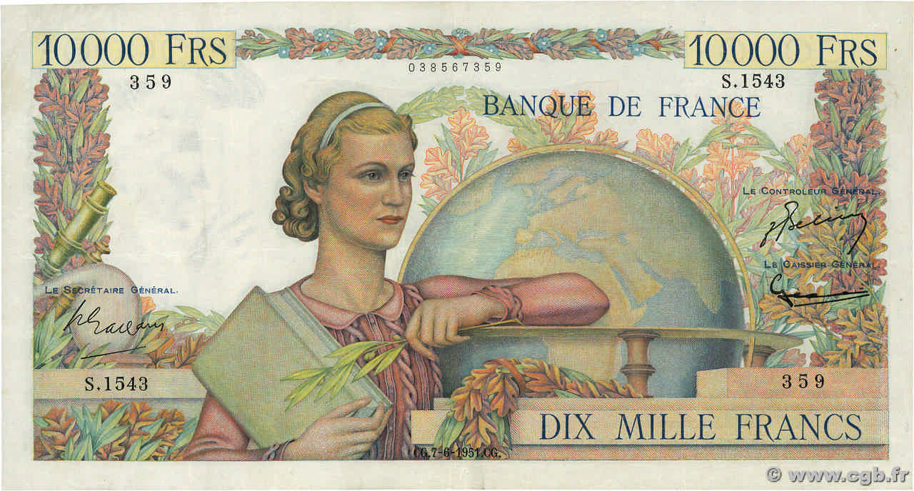 10000 Francs GÉNIE FRANÇAIS FRANKREICH  1951 F.50.51 SS