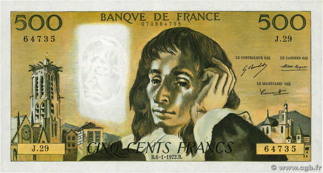 500 Francs PASCAL FRANKREICH  1972 F.71.08 fST