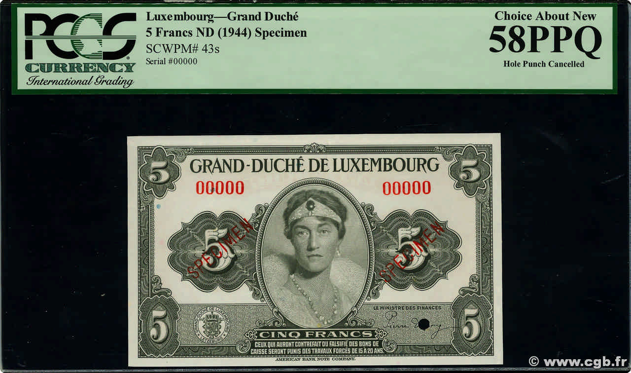 5 Francs Spécimen LUSSEMBURGO  1944 P.43s AU