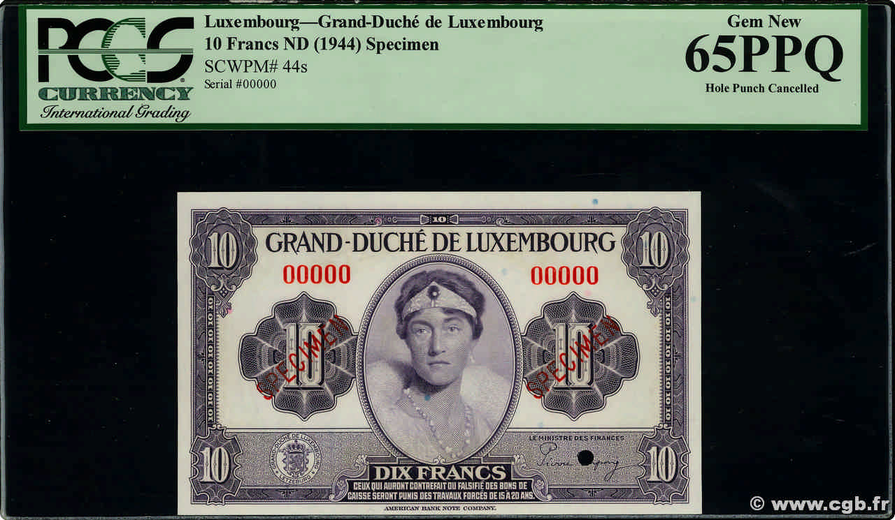 10 Francs Spécimen LUXEMBOURG  1944 P.44s NEUF