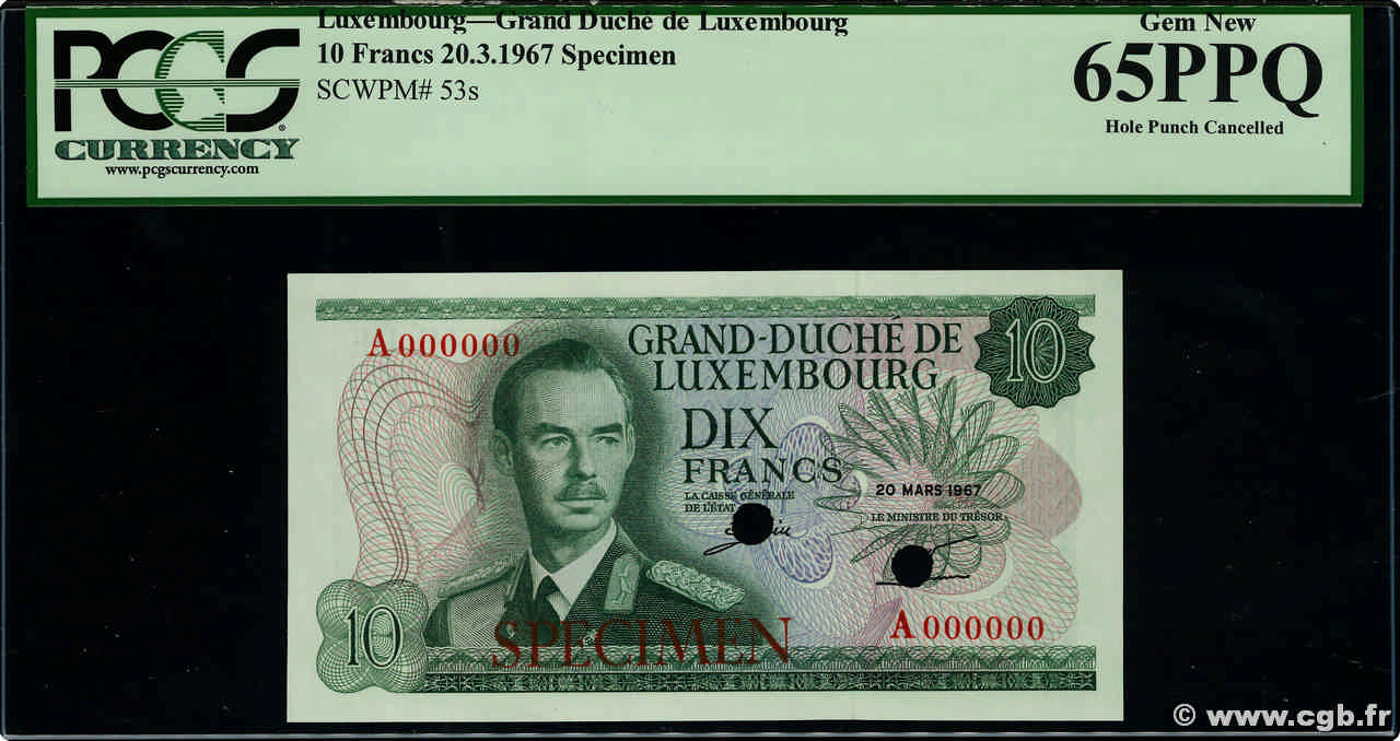 10 Francs Spécimen LUSSEMBURGO  1967 P.53s FDC
