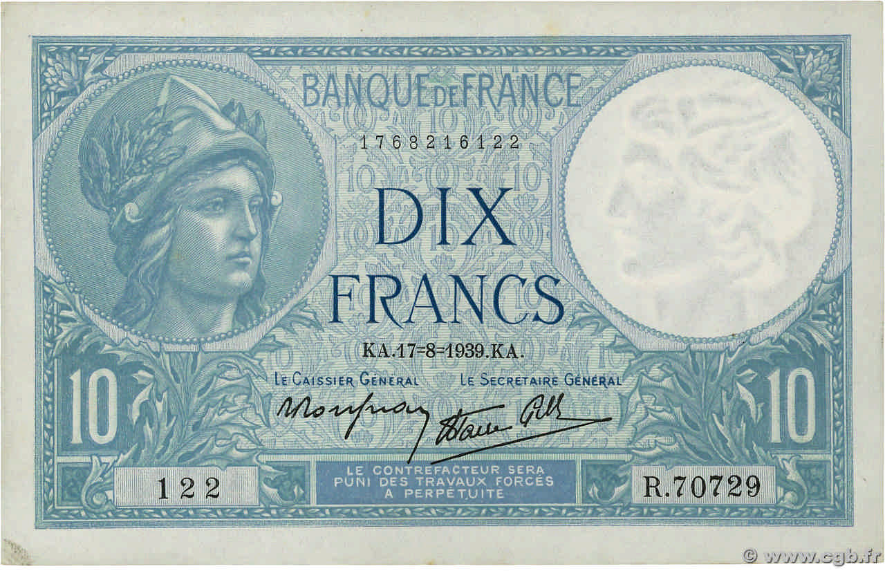 10 Francs MINERVE modifié FRANCE  1939 F.07.05 AU+