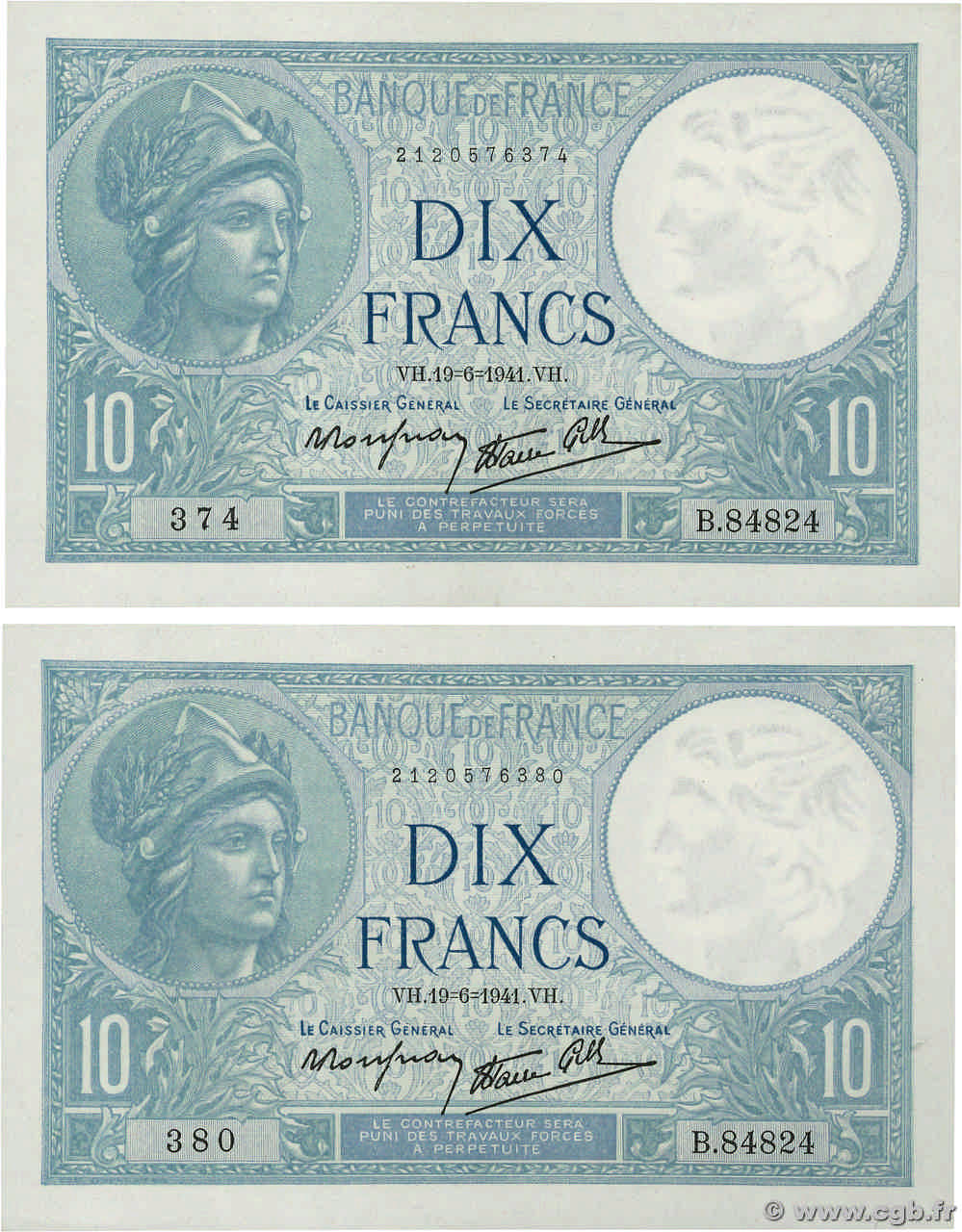 10 Francs MINERVE modifié Lot FRANCIA  1941 F.07.29 q.AU