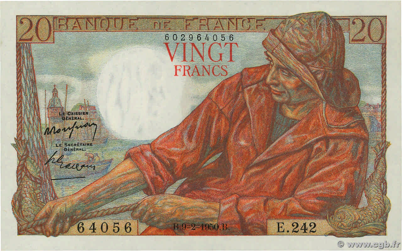 20 Francs PÊCHEUR FRANCIA  1950 F.13.17 AU+