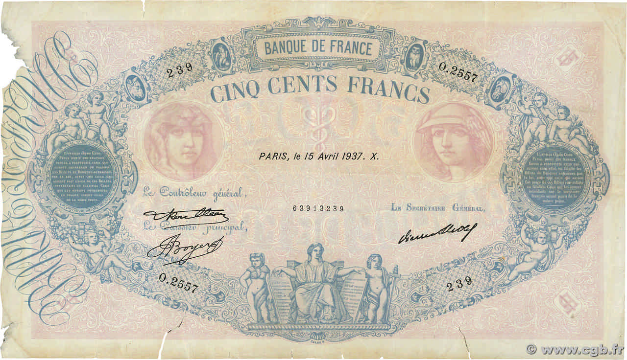 500 Francs BLEU ET ROSE FRANCE  1937 F.30.38 B+