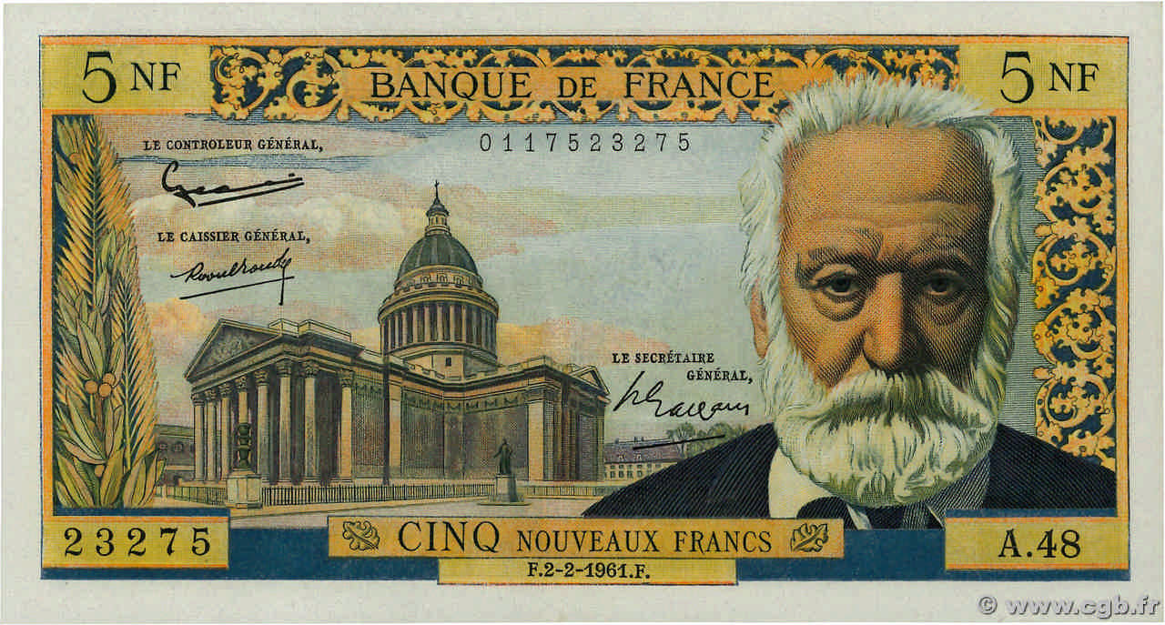 5 Nouveaux Francs VICTOR HUGO FRANKREICH  1961 F.56.06 fVZ