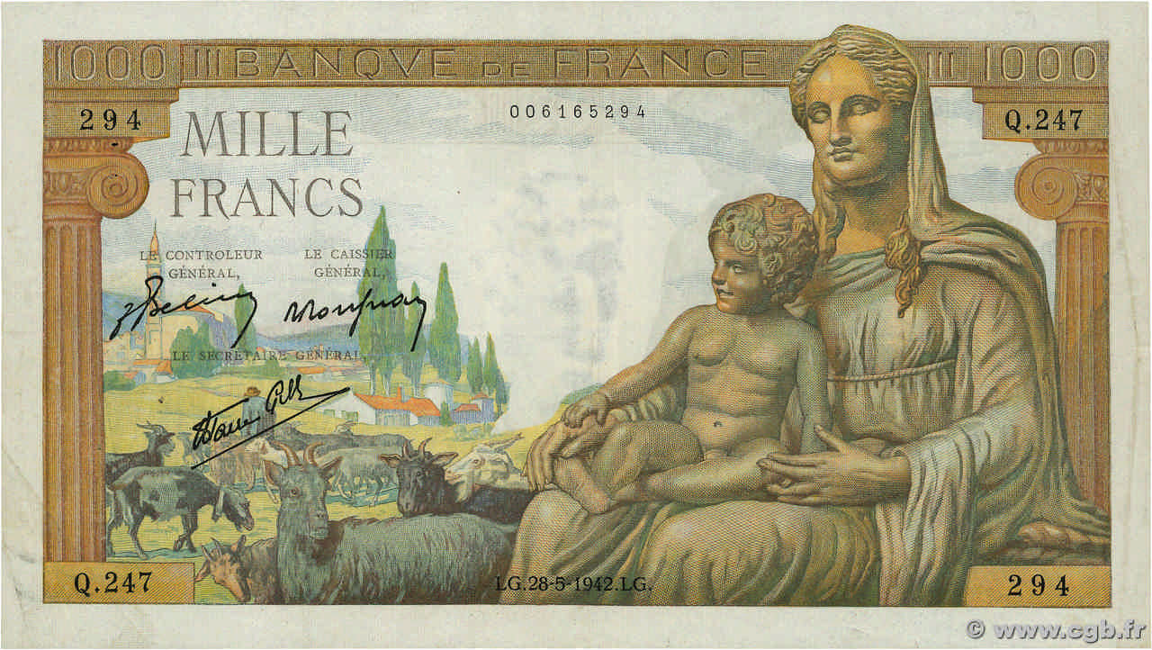 1000 Francs DÉESSE DÉMÉTER FRANKREICH  1942 F.40.01 SS