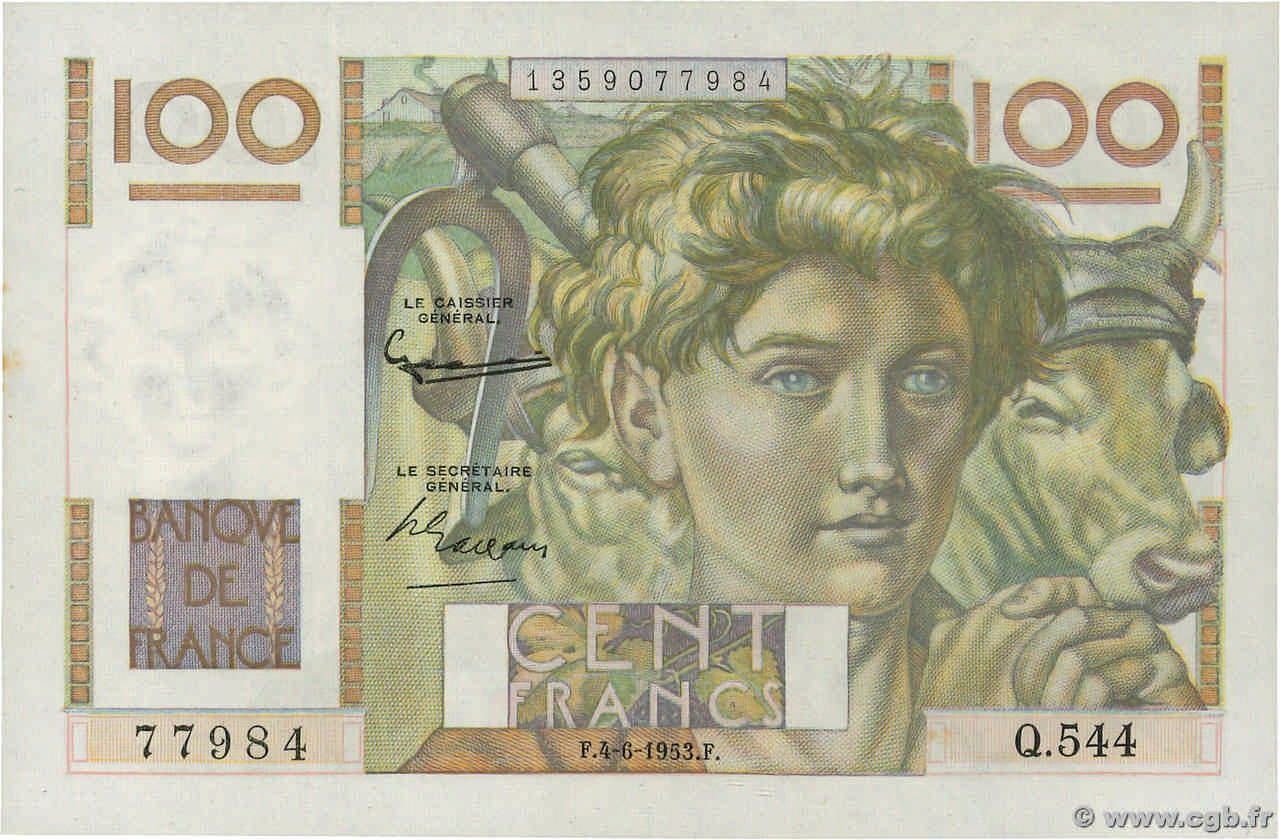 100 Francs JEUNE PAYSAN FRANCE  1953 F.28.37 UNC-