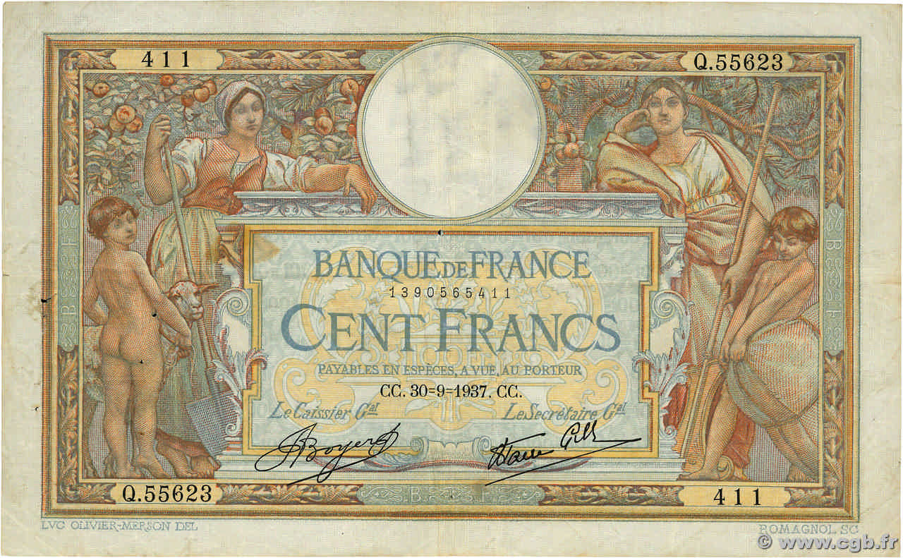 100 Francs LUC OLIVIER MERSON type modifié FRANCE  1937 F.25.02 TB
