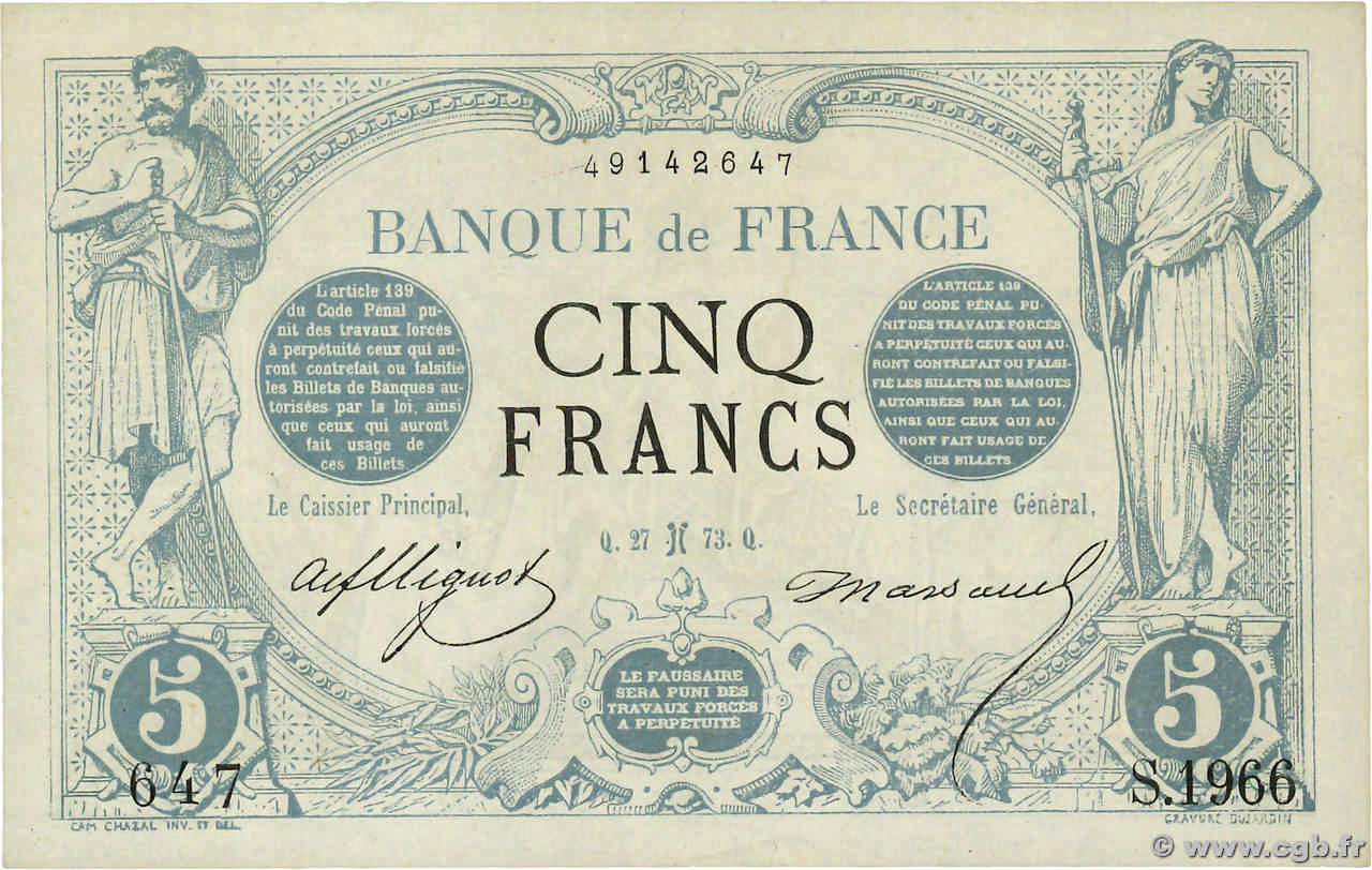 5 Francs NOIR FRANCIA  1873 F.01.15 SPL+