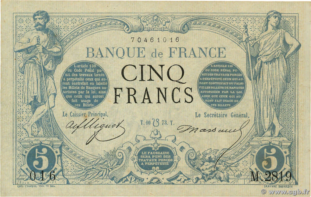 5 Francs NOIR FRANCE  1873 F.01.20 AU-