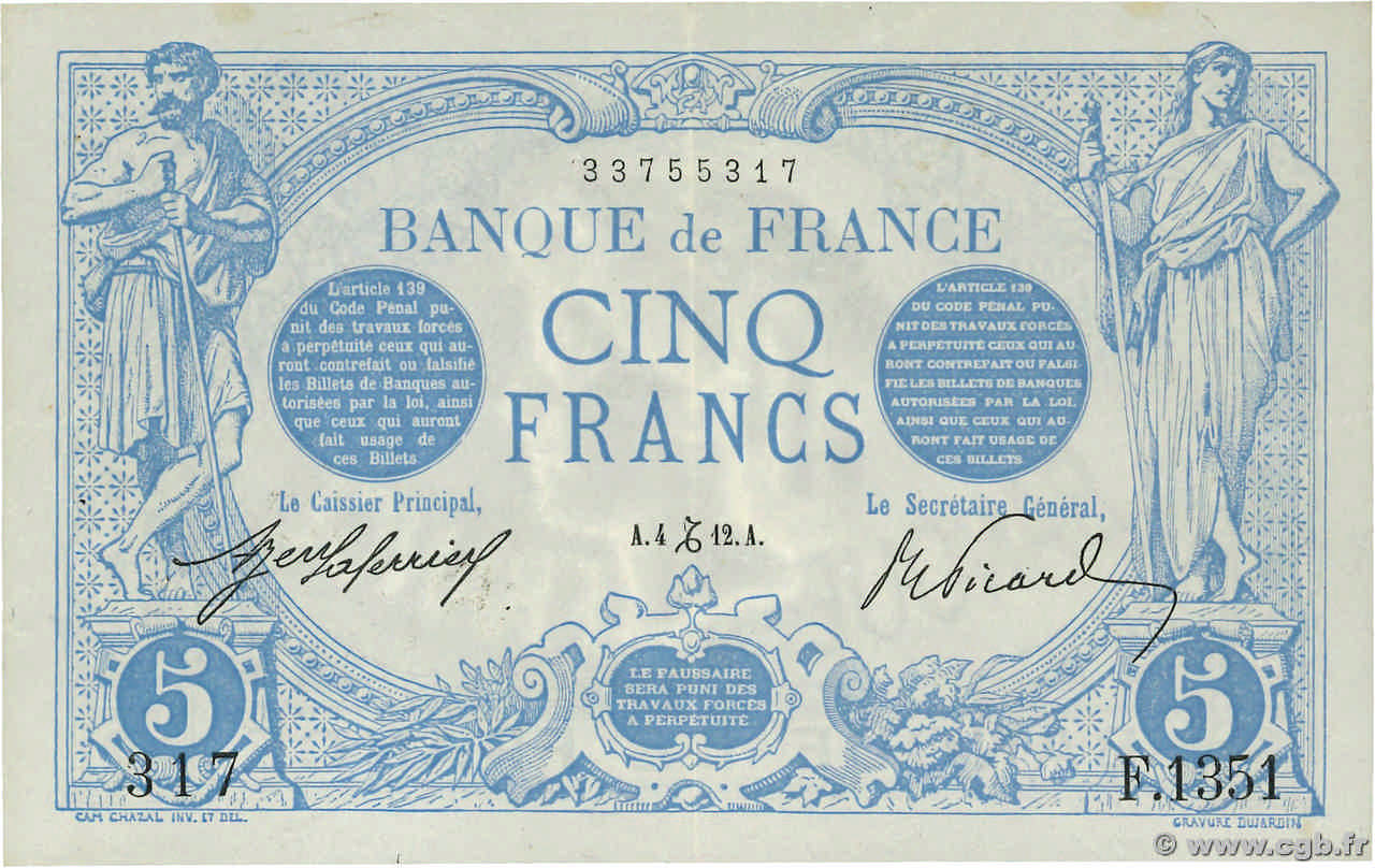 5 Francs BLEU FRANKREICH  1912 F.02.12 VZ+