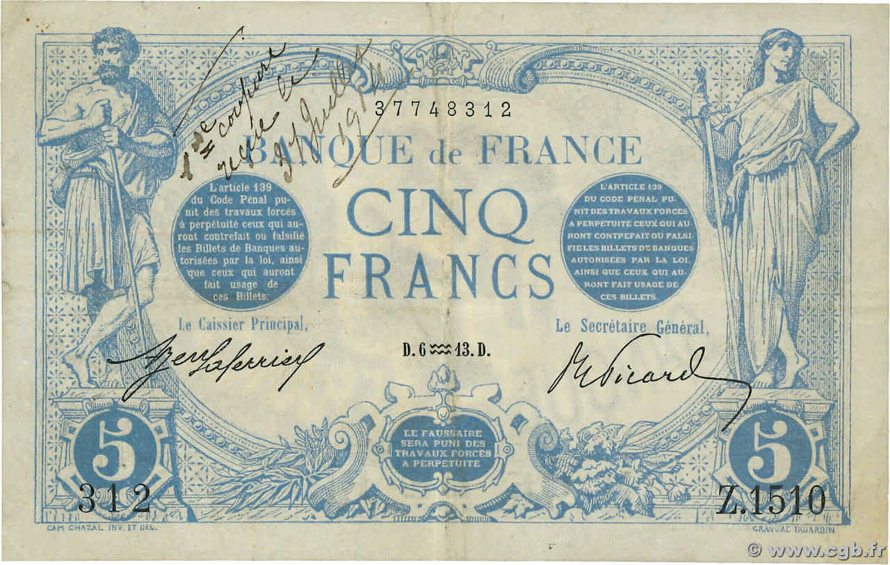 5 Francs BLEU FRANCIA  1913 F.02.13 MBC
