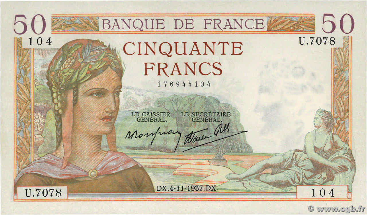 50 Francs CÉRÈS modifié FRANCE  1937 F.18.04 pr.SPL