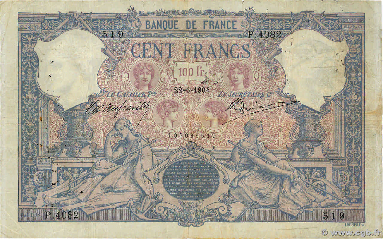 100 Francs BLEU ET ROSE FRANCE  1904 F.21.18 VG