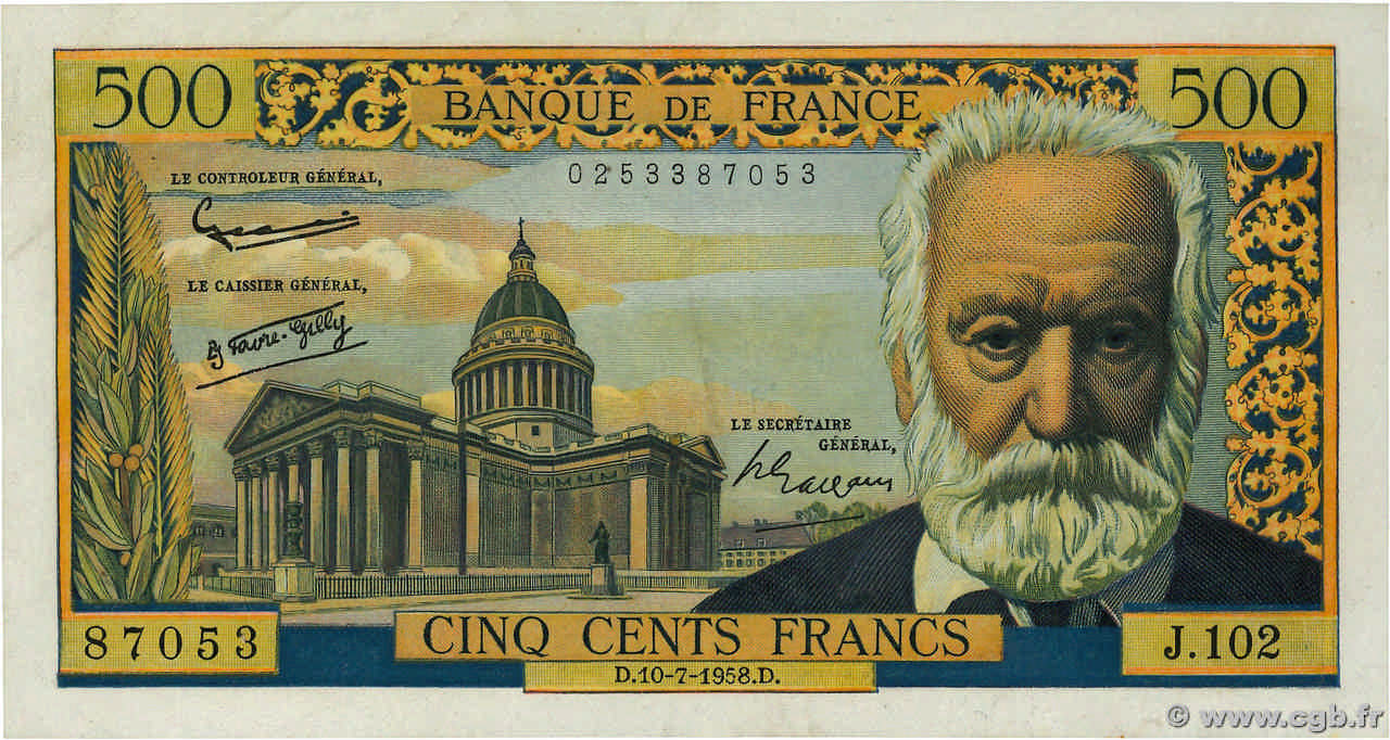 500 Francs VICTOR HUGO FRANCE  1958 F.35.09 XF