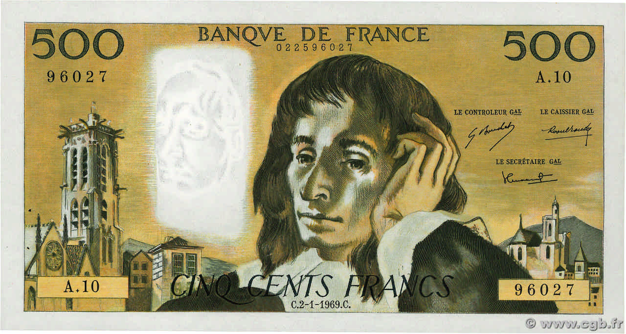 500 Francs PASCAL FRANCE  1969 F.71.03 pr.SPL