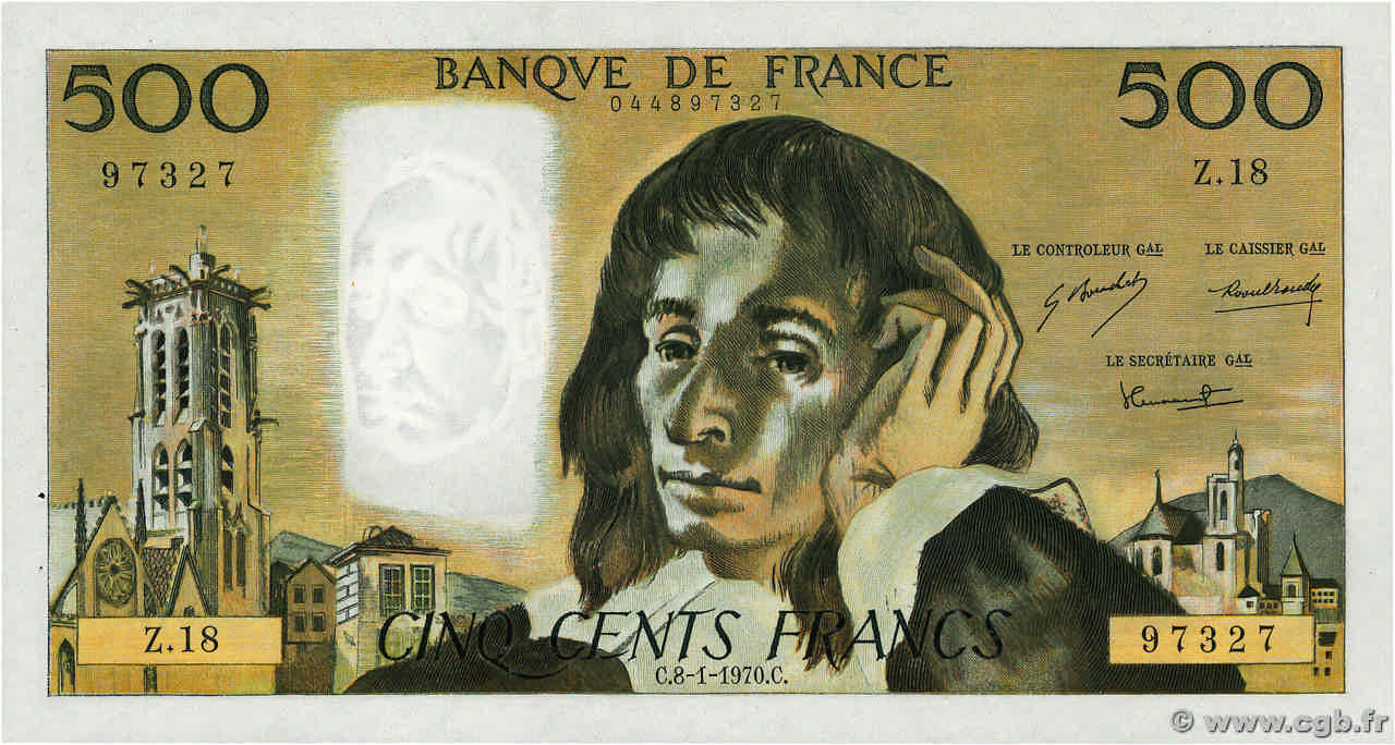 500 Francs PASCAL FRANCE  1970 F.71.05 AU