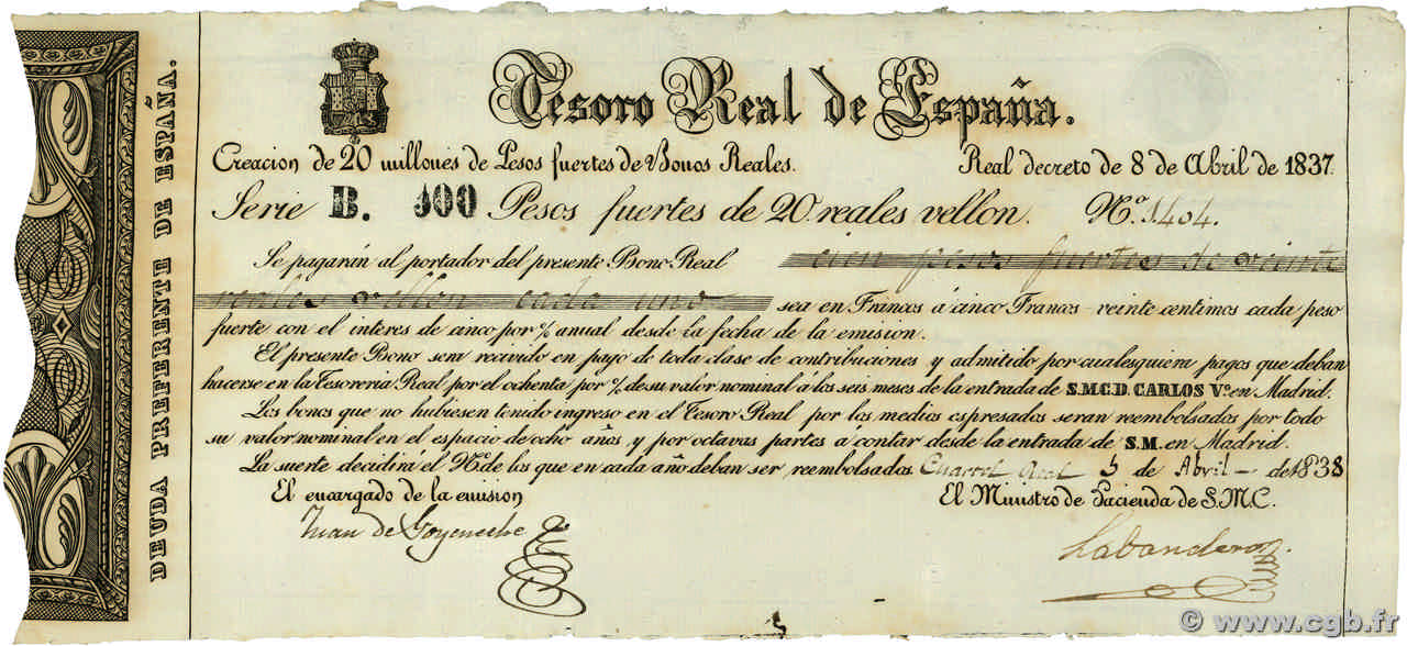 100 Pesos Fuerte SPAIN  1837 - UNC-