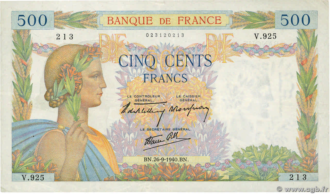 500 Francs LA PAIX FRANCIA  1940 F.32.06 MBC