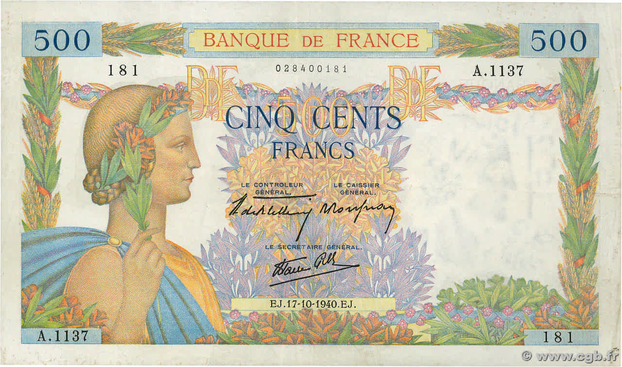 500 Francs LA PAIX FRANCIA  1940 F.32.07 MBC