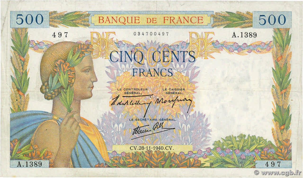 500 Francs LA PAIX FRANCE  1940 F.32.09 VF-