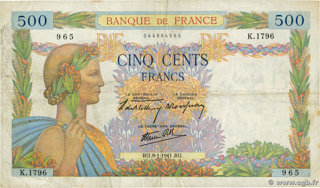 500 Francs LA PAIX FRANCIA  1941 F.32.12 q.BB