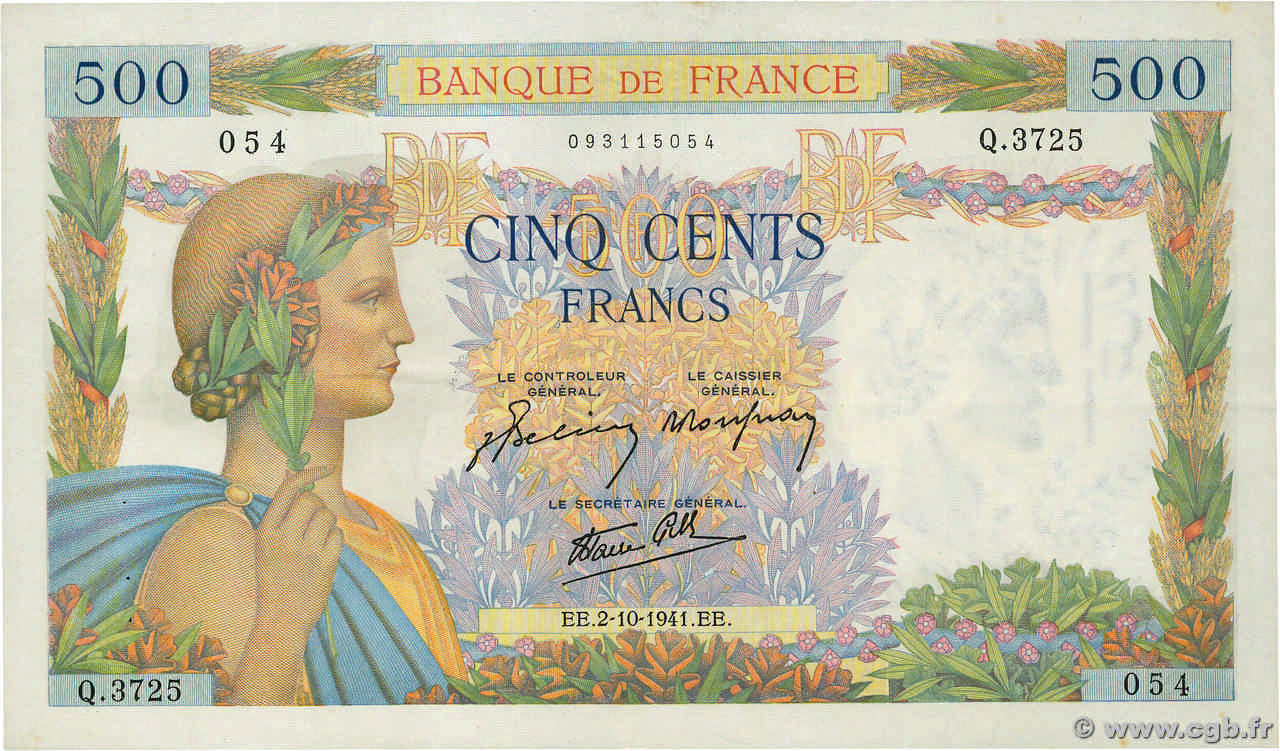 500 Francs LA PAIX FRANCE  1941 F.32.22 XF