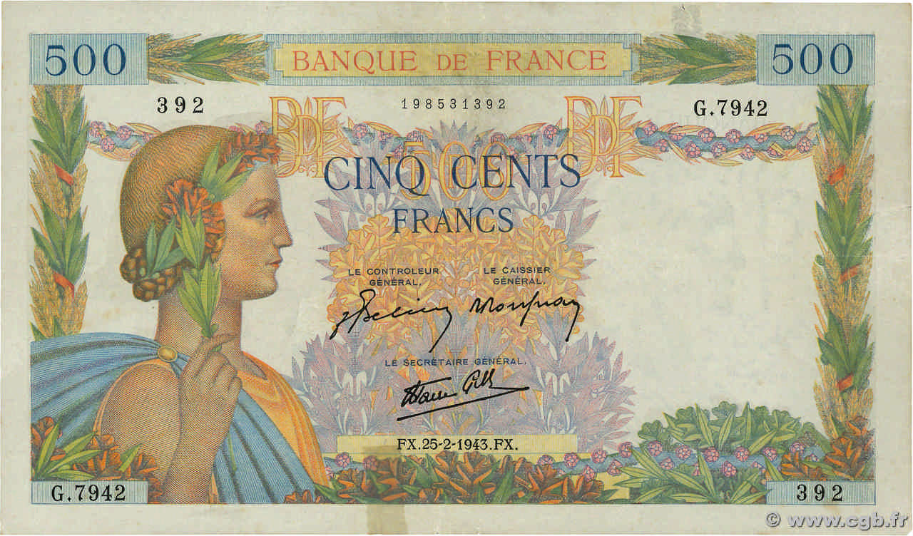 500 Francs LA PAIX FRANCE  1943 F.32.45 TB+